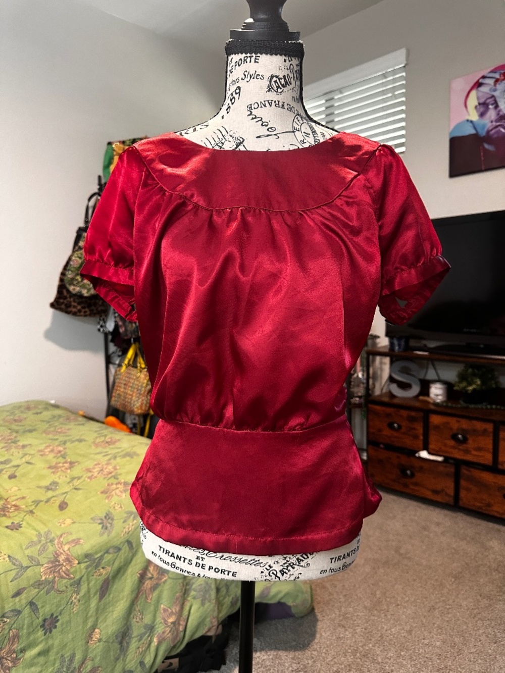 Rampage red satin blouse with puffy sleeves and cute little black and white grom